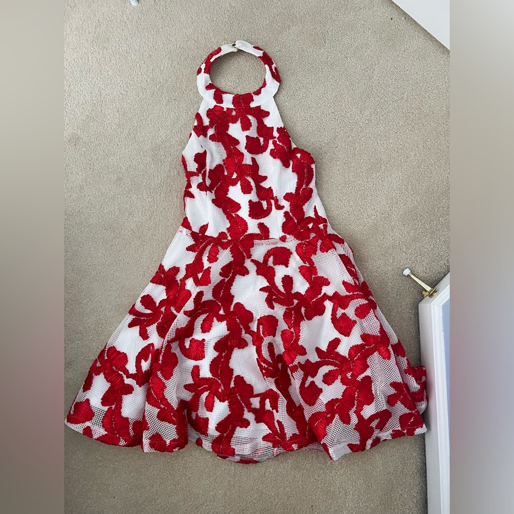 Lucy Wang Red and White Floral Spring Dress | size M